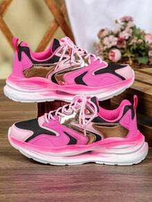 甜美街頭風女款黑洋紅拼接運動鞋，低筒綁帶坡跟厚底透氣鞋，適合送禮、日常通勤、派對 - 黑玫粉 - 查看 6