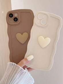 2 pièces Coque de téléphone marron & blanc motif cœur vague, mode, mignonne, personnalisée, élégante, compatible avec iPhone 12 13 14 15 16 17 Pro Max - Multicolore - Voir 17