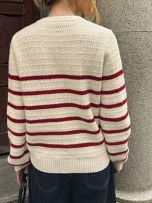 Women's Round Neck Ribbed Stripes Long Sleeves Cardigan Style Office Daily Commuting Wear Seasonal Fashion Casual Outings Knitted Sweater, Fall Winter - Multicolor - View 5