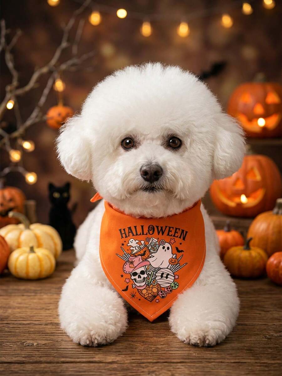 Polyester Material Comfortable Soft Cartoon Print Pet Scarf, Suitable For Cats And Dogs For Indoor Or Outdoor Use - Orange - View 1