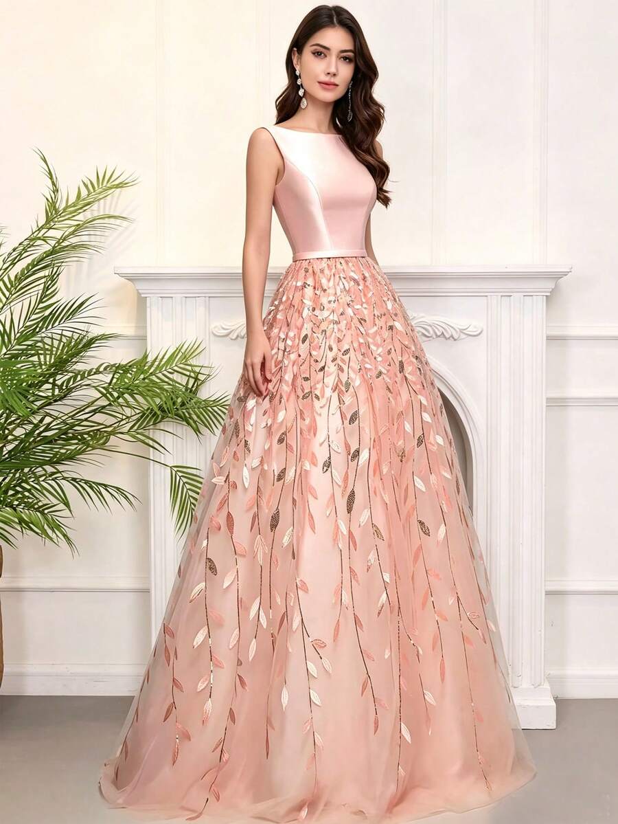 Women's Formal Party Dress, Sleeveless Boat Neck Long Gown, Flared Skirt With Leaf Pattern Decor - Dusty Pink - View 1