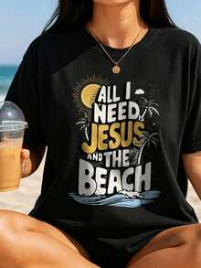 Unisex T-Shirt-2026 New Gray Short Sleeve Retro Christian Oversized  Tee All I Need Is Jesus And The Beach Tshirt, Faith Christian-L88 - Black - View 1
