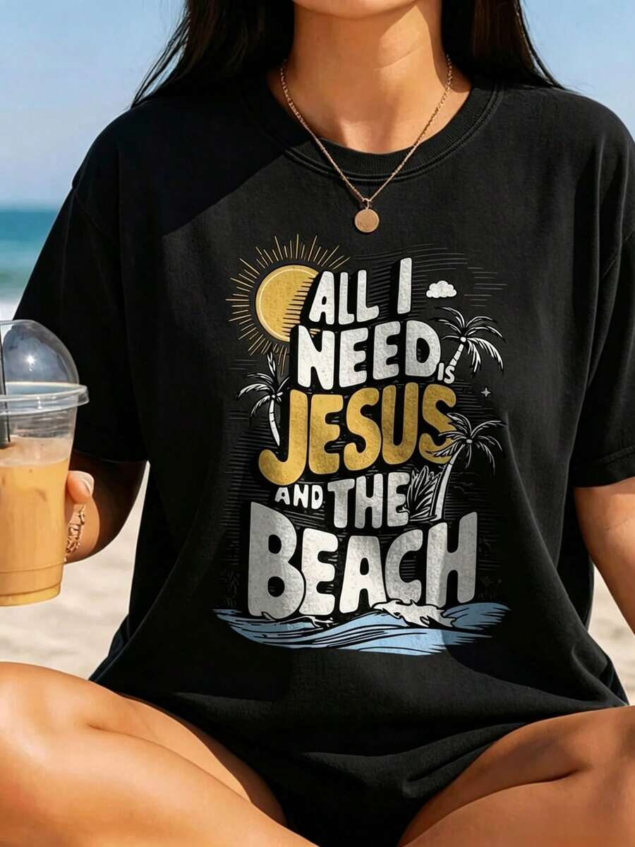 Unisex T-Shirt-2026 New Gray Short Sleeve Retro Christian Oversized Tee All I Need Is Jesus And The Beach Tshirt, Faith Christian-L88 - Black - View 1