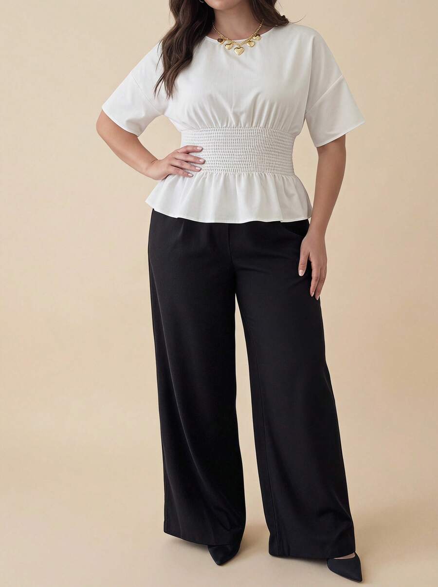Voworia Plus Size Women's V-Neck Ruched Fitted Short Sleeve Top White Summer Casual - White - View 1