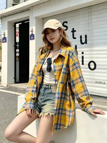 YUXIN American Vintage Niche Design Long Sleeve Plaid Shirt For Women / Spring & Autumn New Loose Casual Commuter Blouse / Suitable For All Seasons - Orange - View 5