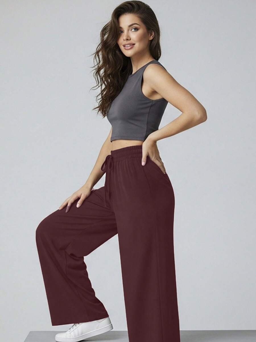 Comfortable Women's Wide-Leg Sweatpants, Soft, Structured Fit, Casual, Basic, Plain, With A Faux Drawstring. - Burgundy - View 1