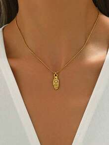 RAYQUEEN 1pc Stainless Steel Personalized Rhinestone Palm Pendant Bohemian Necklace For Women, Suitable For Daily Wear - Gold - View 6