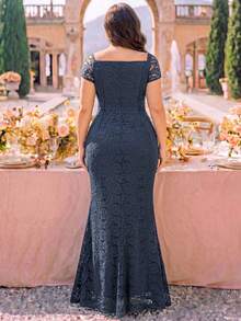 Plus Size Floral Lace V-Neck Open Shoulder Ruffle Slit Formal Evening Party Long Dress, Wedding Guest Dress Elegant Summer - Grey - View 2