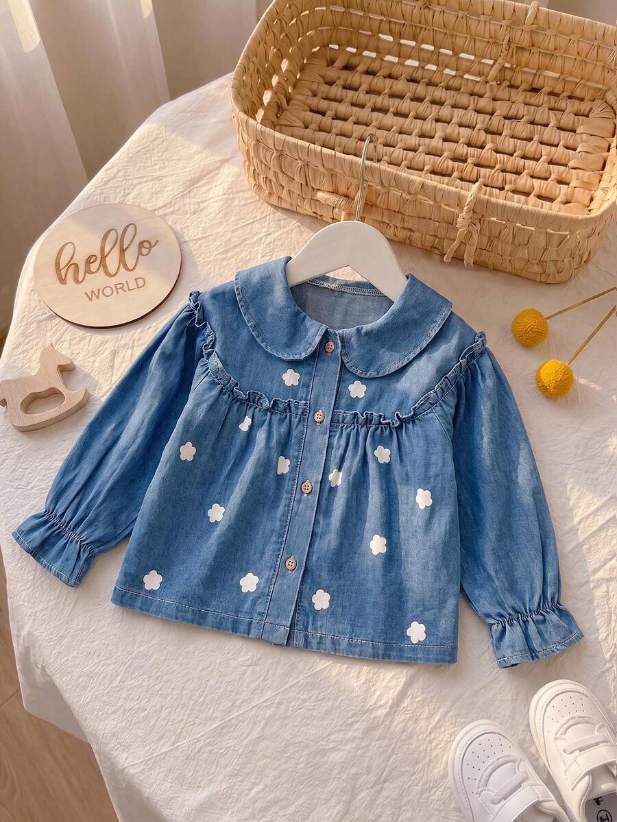 1pc Girls Toddler Sweet Cute Ruffle Trim Pleated Design Peter Pan Collar Denim Jacket Daily Fashion Outfit - Medium Wash - View 1