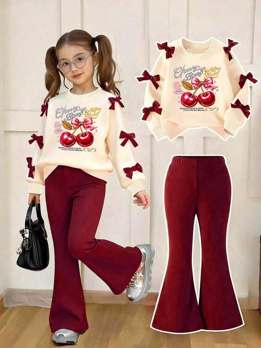 Girls' Simple Fashion Red Bow Cherry Print Apricot Top And Red Pants Sports Set, Autumn/Winter - Apricot - View 1