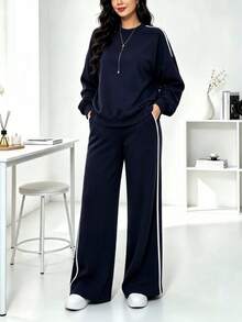 Autumn Korean Street Style Lazy Set, Dropped Shoulder Round Neck Basic Long Sleeve Sweatshirt + High Waist 3D Segmented Wide Leg Floor-Length Pants, Multi-Scenario Commute, Travel, Casual 2 Pieces Set - Navy - View 4