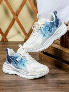 Men White Blue Gradient Graphics Sneakers, Low Top Lace Up Breathable Mesh Thick Sole Casual Jogging Shoes For Daily Outings Outdoor Activities - White and Blue Background - View 2
