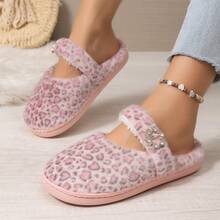 Pink & Brown Leopard Print Fuzzy Rhinestone Single Strap Full Coverage Round Toe Slip-On Sandals For Women, Flat Furry Slides For Home And Outdoor Wear, Autumn/Winter - Pink - View 9