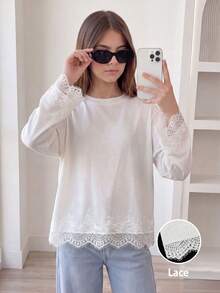 Atasan Kaos Putih dengan Hiasan Renda, Model Longgar, Lengan Mengembang, Sederhana, Kasual, Nyaman, Gaya Urban Elegan - Putih - View 4