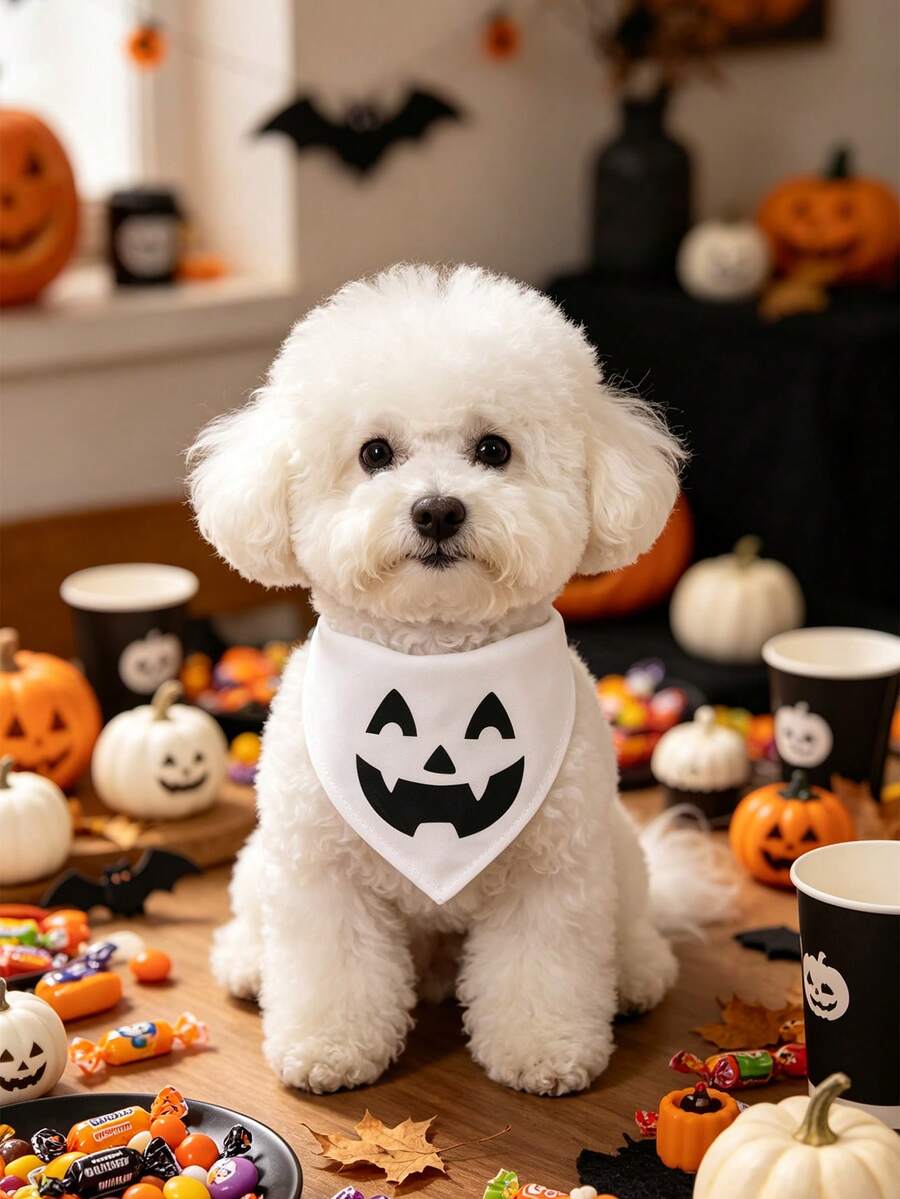 Polyester Material Comfortable Soft Cartoon Print Pet Scarf, Suitable For Cats And Dogs For Indoor Or Outdoor Use - White - View 1