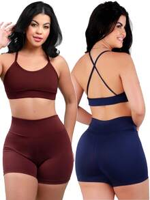 Work Fitness Kit 2 Set Backless Cross Strap Top And Basic Premium Shorts - Azul y vino - Ver 1