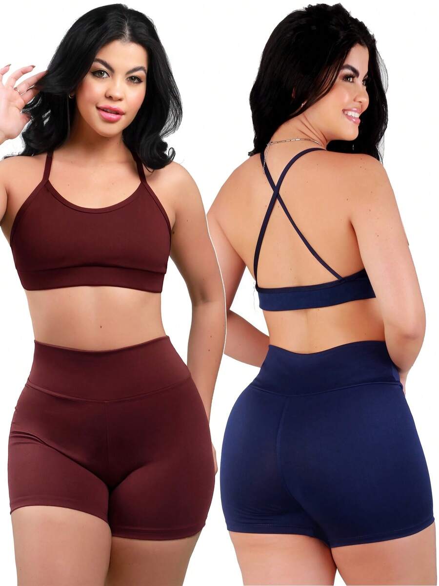Work Fitness Kit 2 Set Backless Cross Strap Top And Basic Premium Shorts - Azul y vino - Ver 1
