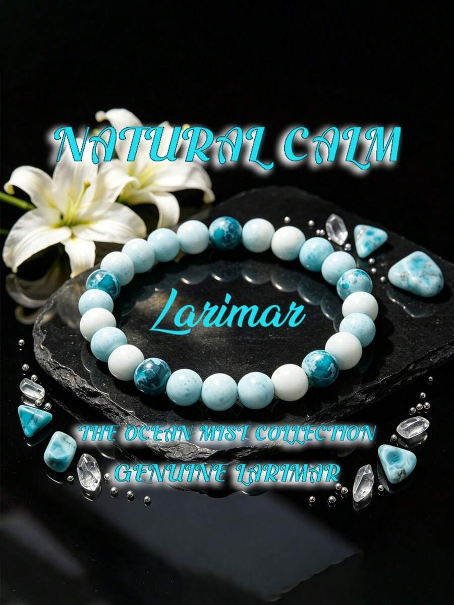 Natural Sea-Patterned Stone Round Bead Elastic Bracelet, Sea Mist Design For Calm And Peace, Unisex Bohemian Style Versatile Layering Jewelry Gift - Baby Blue - View 1