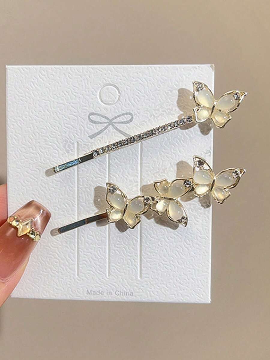2PCS Gold Butterfly Hair Clip Set, Cat Eye Stone Crystal Inlaid Straight Clip, Fashion Decorative Side Clip, Suitable For Banquet And Daily Wear - Champagne - View 1