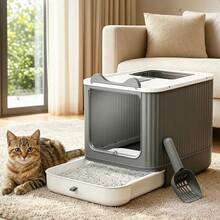 Large Enclosed Cat Litter Box, Top Entry, High Side Walls, Foldable Easy-To-Clean Pull-Out Tray, Effective Odor Control, Spacious Interior, Suitable For Large Cats, Tool-Free Assembly, Comes With Hanging Litter Scoop, Modern Home Design - one-size - View 13