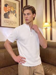 Men Old Money Style Half Zip Waffle Tee, Stand Neck Textured Knit Short Sleeve Top, Breathable Blouse For Vacation Daily Wear - White - View 7