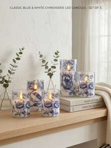 Blue & White Floral Bird Porcelain Electronic Candles LED Simulated Flame Candles With Remote Control Timer 3pcs Set Smokeless Electronic Candles For Holiday Party / Wedding Decor / Home Atmosphere Decoration - Warm White Light - View 7