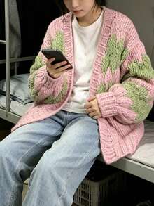 Women's New Long-Sleeve Loose Knit Cardigan For Spring  Autumn - Also Suitable For Winter  Fall Wear - Pink - View 4
