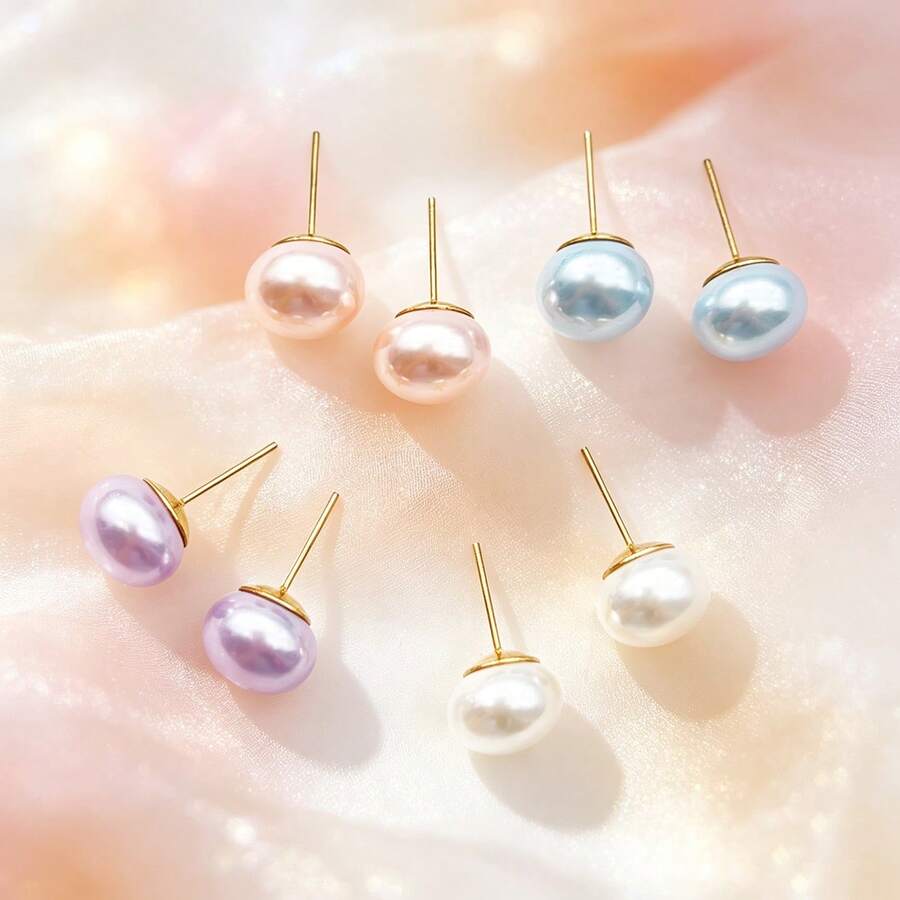 4 Pairs French Sweet Multicolor Faux Pearl Stud Earrings - Multicolor - View 1