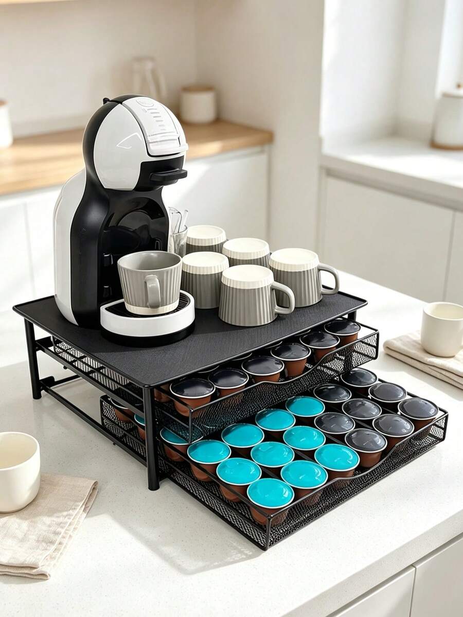 Coffee Capsule Storage Drawer Organizer, Coffee Capsule Drawer,Coffee Station Rack, 2-Tier Metal Coffee Pod Holder Stand, Coffee Machine Shelf For Kitchen Countertop