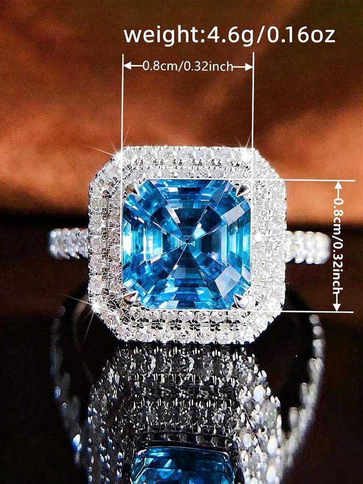 1pc Elegant Cubic Zirconia Ring, Women's Wedding Engagement Party Jewelry, Valentine's Day Gift - Silver + Navy Blue - View 4