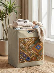 1pc Storage Basket, Laundry Basket, Washing Basket, Storage Bin, Fun Print Design, Foldable Multi-Purpose Storage Basket With Wooden Handle, Suitable For Daily Clothing Storage And Organization - Multicolor - View 6