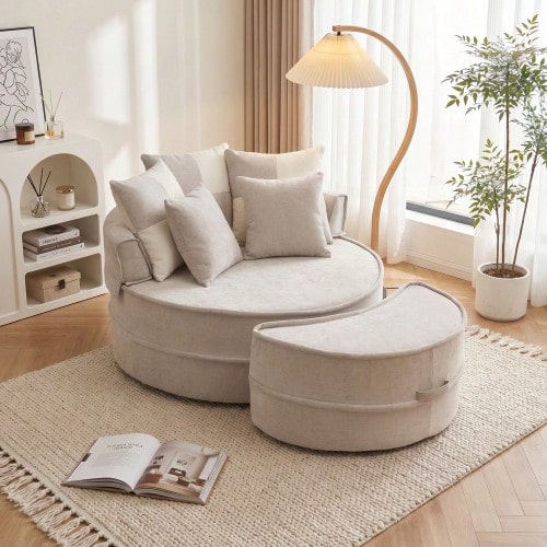Round Sofa With 5 Cushions And Ottoman For Living Room And Bedroom, Grey - Grey - View 1