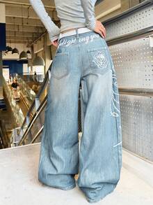 1pc American Street Style Women's Embroidered Loose Wide Leg Jeans Long Pants, All Season Fashion Casual - Light Wash - View 6