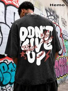 Hemo, Letter Print Men's Fashion Versatile Top, Streetwear Vintage Distressed Crew Neck Short Sleeve Washed T-Shirt - Black - View 1