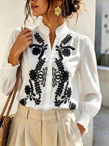 Women's White Floral Leaf Embroidered Stand Collar Long Sleeve Button Front Ruffle Cuff Shirt For Casual Vacation Home Holiday Spring Autumn Winter - White - View 11