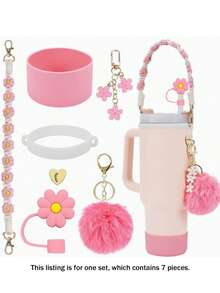 7Pcs Tumbler DIY Decor Accessories Set Cute Daisy Flower Carry Handle Strap Silicone Straw Cover Bottle Boot & Pom Pom Charms Fits 30/40 Oz Cup Preppy Y2K Cup Accessories For Travel School Birthday Gift For Women Back To School Party Supplies - White - View 15