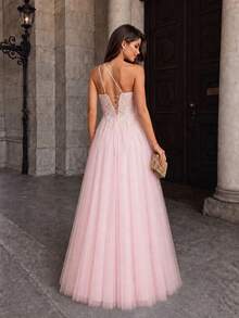 VIPGIRL Sequin Contrast Mesh Panel High Slit Maxi Evening Gown Elegant Formal Prom Wedding Guest Dress, For Graduation, Dinner Party Dress Spring Pink - Pink - View 6