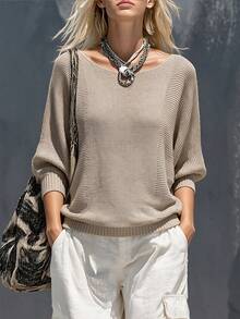Women's Casual Spring/Autumn 3/4 Sleeve Pullover Knit Sweater, Round Neck Ribbed Knit Detail, Solid Color Batwing Sleeve Knit Top - Apricot - View 3