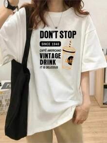 Coffee Letter Pattern Printed T-Shirt White Simple And Versatile Fashion Casual Short SLeesved Trendssssssssy Wo Top - White - View 2