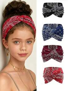 1pc/3pcs/4pcs Plus Size Girls Bohemian Style Printed Pattern Sports Headband, Elastic Cross Print Hairband Outdoor Activity Girls Headscarf Fashion Hair Accessory Summer Vacation - Multicolor - View 1