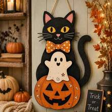 Creative Hot-Selling 2D Flat Halloween Cat Door Hanging Wooden Black Cat Ghost Pumpkin Sign - Multicolor - View 6