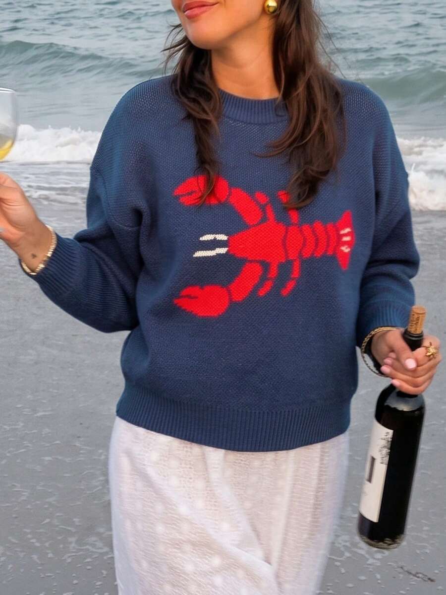 女款休閒舒適保暖俏皮提花拼色針織毛衣,度假與通勤風格 - 藏蓝色 - 查看 1