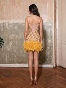 New Women's Luxurious Heavy Decoration Water Diamond Patch Fake Feather Design Sexy Chiffon Backless Mini Dress, Suitable For Wedding Banquet - Gold - View 7