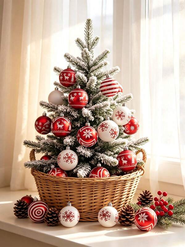 4Pcs Red & White Glitter Christmas Baubles, Red White Snowflake Swirl Ornament Balls, Glitter Hanging Baubles For Christmas Tree, Hanging Spheres For Holiday Gatherings & Outdoor Celebrations, Classic Christmas Gifts & Home Decor,
