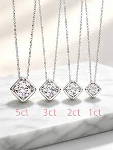 1pc 5 Carat Square Inlaid Round Moissanite Pendant Necklace, S925 Sterling Silver Women's Single Diamond Necklace, Exquisite Adjustable Cable Chain, Birthday Anniversary Valentine's Day Minimalist Jewelry Gift - Style a - White - View 4