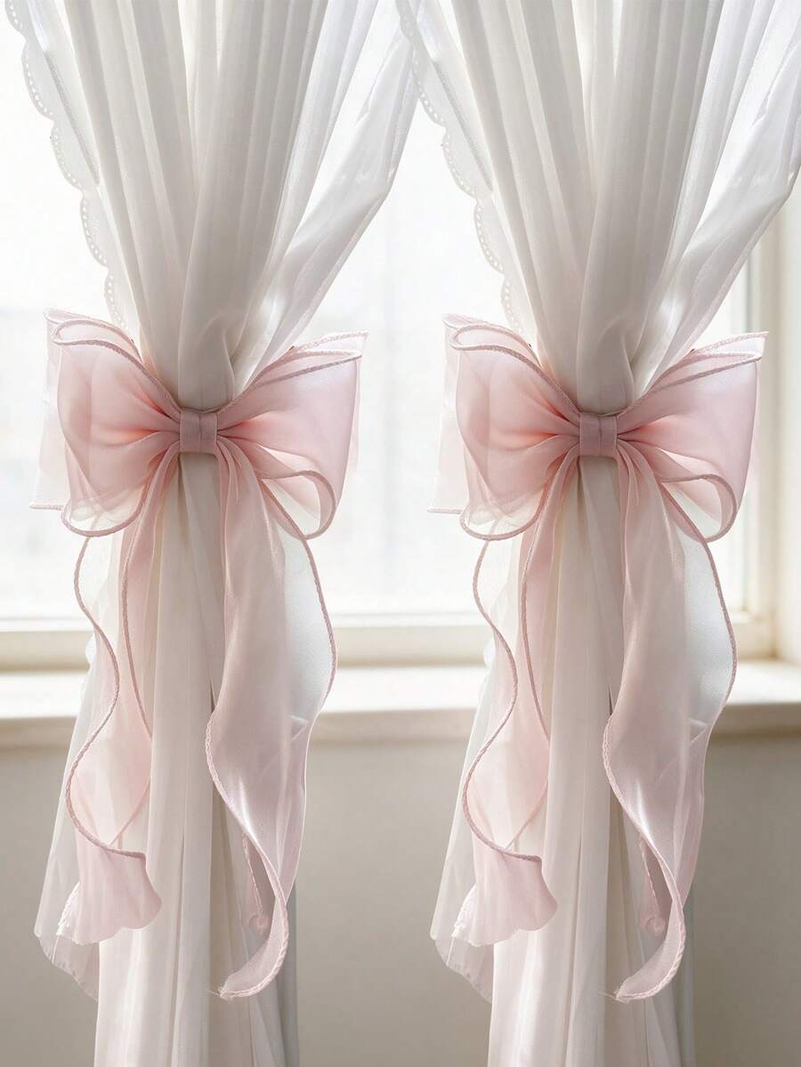 2pcs Organza Bow Curtain Tiebacks, Elegant Wavy Ribbon Curtain Holdbacks, Bedroom Wedding Aesthetic Room Decor Window Accessories - 2pcs - View 1
