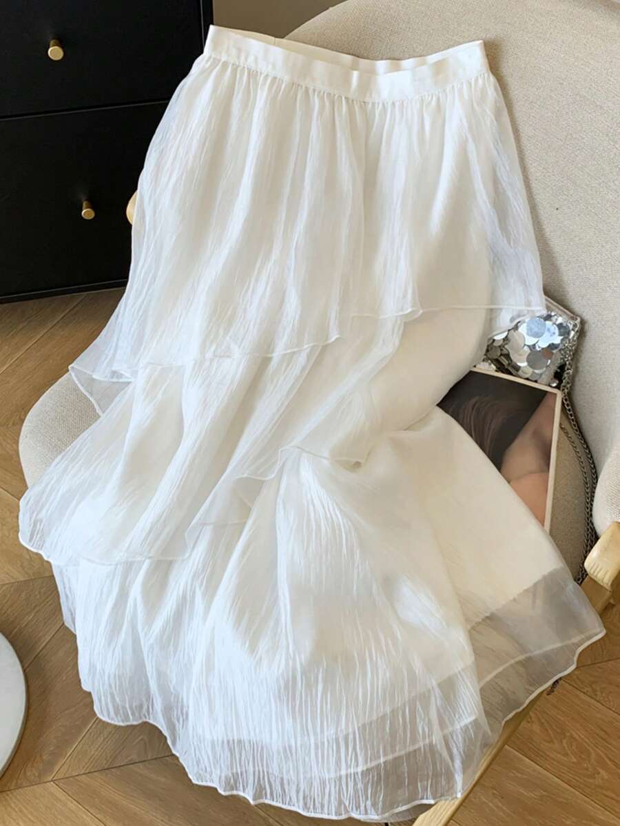 Women's French A-Line Patchwork Puff Cake Gentle Elegant Versatile Mid-Length Skirt White - White - View 1