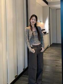 Elegant Knit Ditsy Floral Camisole & Cardigan 2 Pieces Set, Korean Style Women's Top - Khaki - View 5