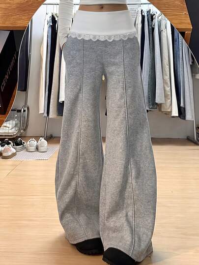 SCARLUX Fall Y2K Women Basic Gray Wide Leg Sweatpants, Lace Trim Waistband Flared Trousers With Pockets For Back To School Daily Street Outfits