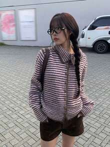Vintage Low Saturation Autumn/Winter Versatile Casual Collared Striped Knit Cardigan Sweater Jacket For Women - Pink - View 4